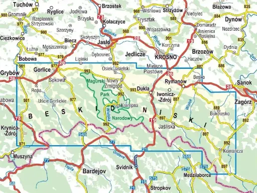 Mapa turystyczna z zaznaczonymi **beskid niski szczyty** i szlakami. Widoczne miejscowości: Gorlice, Krosno, Jasło, Dukla, Sanok.