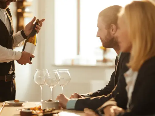 Ein Sommelier präsentiert eine Weinflasche. Die Bedeutung eines Sommeliers liegt in der Weinberatung und -auswahl.