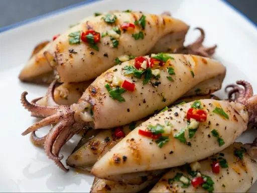Gebratene, tiefgefrorene Calamari mit Chili und Petersilie aus der Pfanne, ein köstliches Gericht.