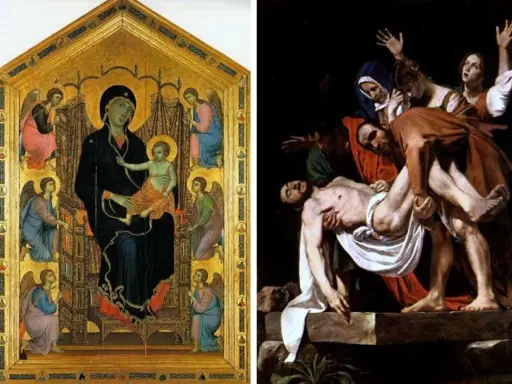 Madonna z Krużlowej, otoczona aniołami, obok sceny złożenia Chrystusa do grobu.