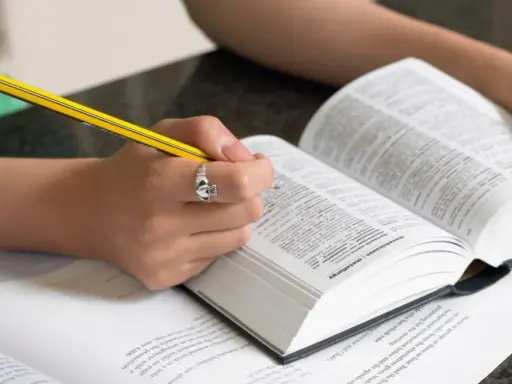 Mani che studiano un dizionario, scrivendo con una matita. Scoprire parole italiane affascinanti è un viaggio.