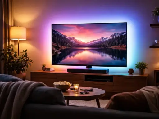 Relaks w salonie z kolorowymi lampami nad telewizorem, tworzącymi nastrojową atmosferę.