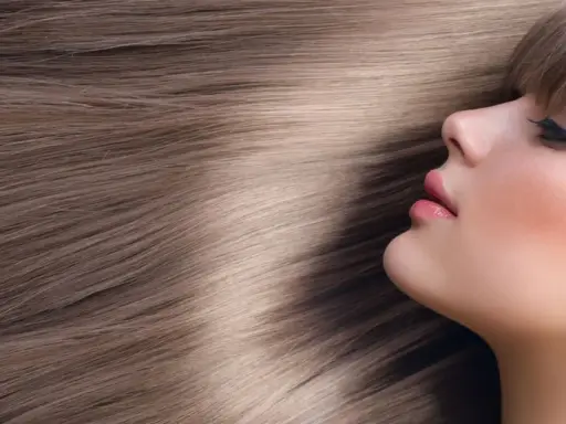 Kobieta z subtelnym makijażem i fryzurą w odcieniu beżowy blond sombre, otoczona gęstymi, lśniącymi włosami.