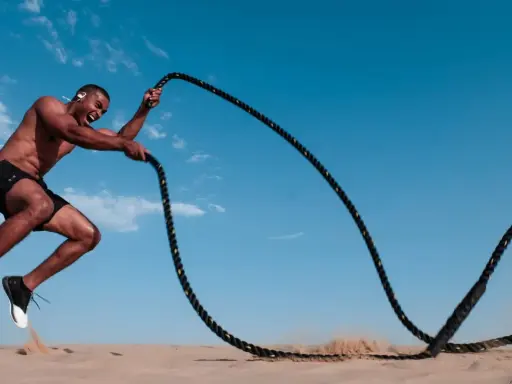 Mann mit Kopfhörern macht ein intensives HIIT-Training mit Seilen im Sand unter blauem Himmel.