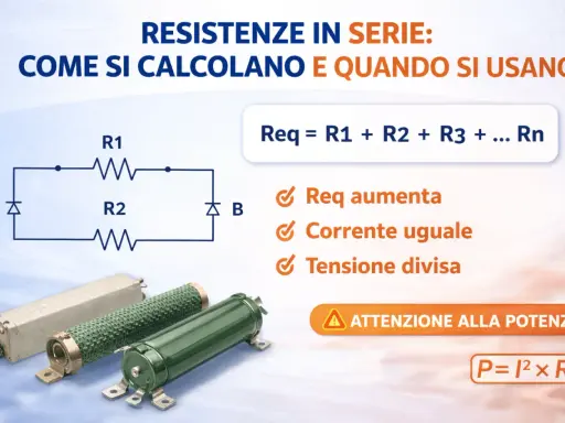 Schema di resistenze in serie con formula Req=R1+R2+...Rn. La resistenza elettrica totale aumenta, la corrente è uguale e la tensione si divide.