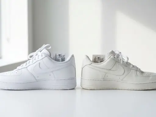 Dwa białe buty Nike Air Force 1, jeden świeży, drugi lekko zużyty. Nike to amerykańska marka.