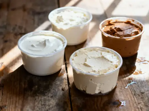 Composition de quatre pots de produits laitiers crémeux, dont une ricotta au chocolat, sur une table en bois rustique.