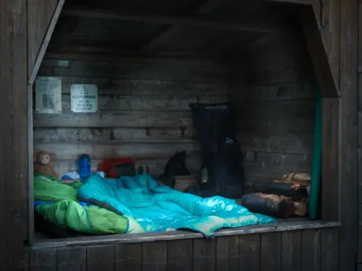 En mysig sovplats i en vindskydd med sovsäckar och en apa. Perfekt för att sova under bar himmel.