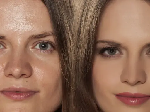 Porównanie twarzy: przed i po zastosowaniu makijażu na tłustą cerę.