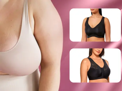 Un seno a campana valorizzato da un reggiseno beige. A destra, due modelli neri: uno liscio e uno con pizzo.
