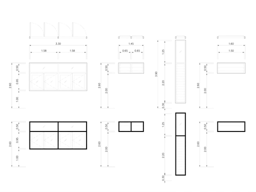 Planos de ventanas con diferentes medidas estandar. Se muestran vistas frontales y laterales con cotas.