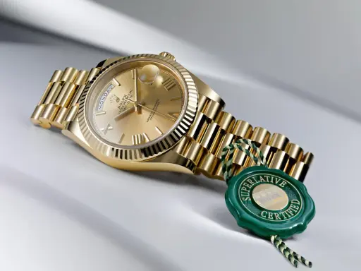 Złoty zegarek Rolex, jak brat szpaka, lśni na jasnym tle. Zielona pieczęć "Superlative Certified" podkreśla jego prestiż.