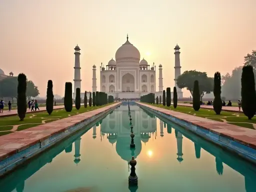 Taj Mahal, jedno z najsłynniejszych budowli świata, odbija się w spokojnej wodzie.