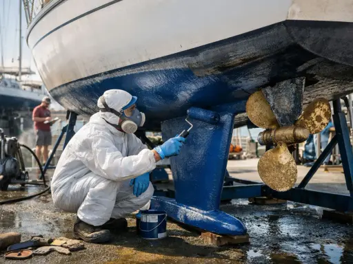 Un homme en combinaison blanche et masque peint la coque bleue d'un bateau. Le calle bateau est en cours de rénovation.