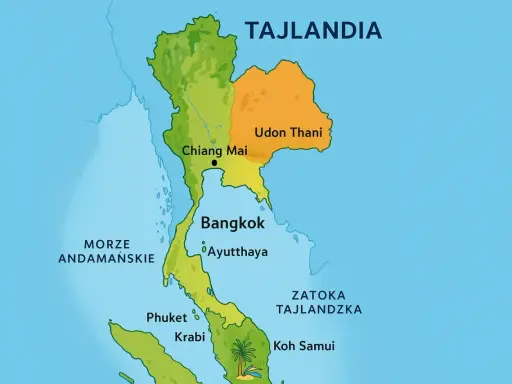 Mapa pokazuje, gdzie leży Tajlandia, z zaznaczonymi miastami jak Bangkok, Chiang Mai i wyspami Phuket i Koh Samui, otoczona Morzem Andamańskim i Zatoką Tajlandzką.
