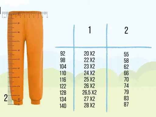 Pomarańczowe spodnie obok miarki. Tabela rozmiarów: rozmiar 104 jaki wiek? 23x2, 62.