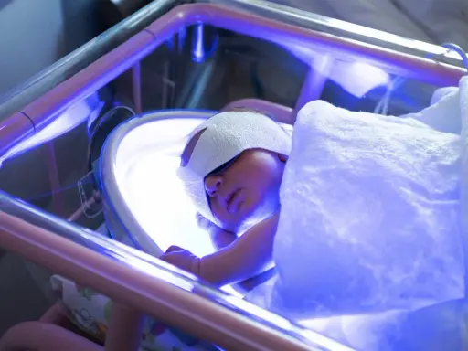 Un neonato dorme sotto luci blu per la fototerapia, con gli occhi protetti da bende.