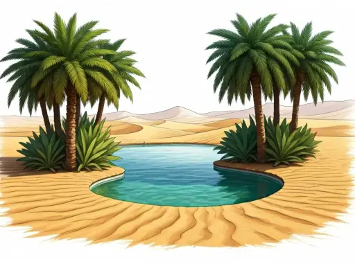 Un oasis de palmiers et d'eau bleue au milieu des dunes de sable. Un havre de paix dans le désert.