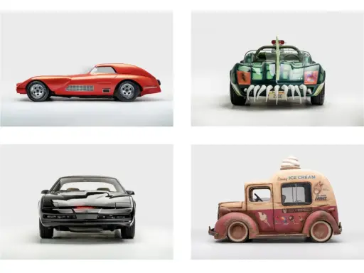 Colección de coches mas famosos: el rojo futurista, el verde monstruoso, el negro KITT y un camión de helados vintage.