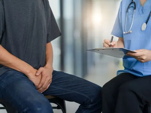 Mężczyzna w dżinsach i szarej koszulce rozmawia z lekarką, która notuje na kartce. Czy zapalenie prostaty przechodzi samo?