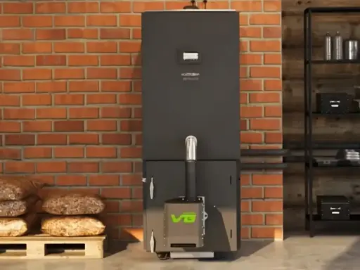 Nowoczesny piec na pellet z zielonym logo VG. Obok paleta z workami pelletu. Dofinansowanie na piec na pellet pomoże obniżyć koszty ogrzewania.