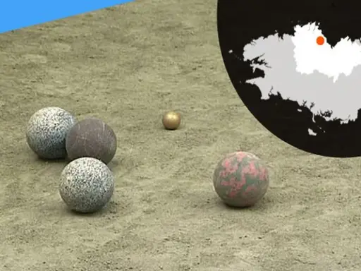 Terrain de jeu pour la boule bretonne, avec des boules de différentes matières et couleurs. Une carte de la Bretagne est visible en arrière-plan.