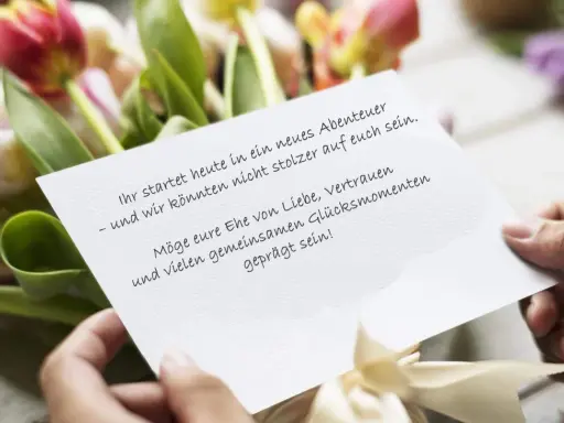 Hände halten eine Karte mit emotionalen Hochzeitswünschen vor einem Tulpenstrauß.