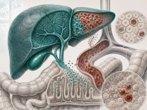 Fegato e intestino con dettagli di cellule, vasi sanguigni e un ingrandimento che mostra la mutazione G20210A.