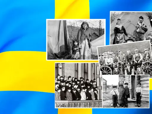Historiska bilder av olika grupper, inklusive samer, visar Sveriges nationella minoriteter.