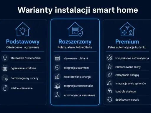 Warianty smart home: od podstawowego sterowania oświetleniem z telefonu, przez rozszerzone funkcje, po pełną automatyzację budynku.
