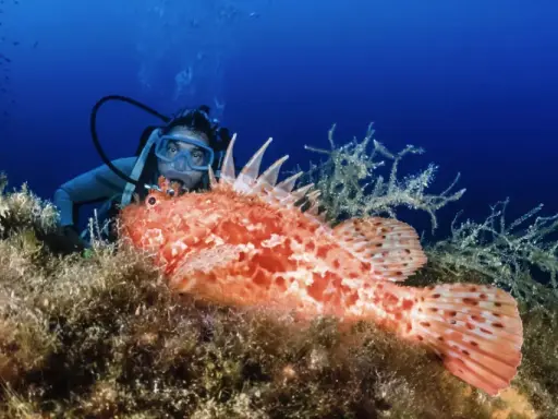 Un subacqueo osserva un pesce scorpione arancione su un fondale marino ricco di alghe. L'immersione dei sub rivela meraviglie nascoste.