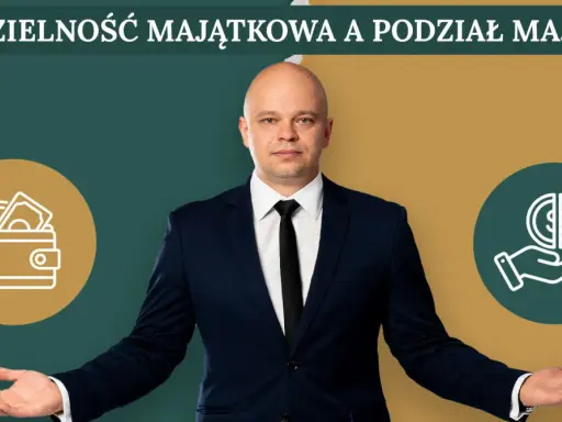 Mężczyzna w garniturze prezentuje symbole portfela i dłoni z monetą, sugerując rozdzielność majątkową i podział majątku.
