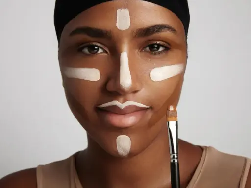 Mujer con líneas de maquillaje para **contouring cara**. Se ve un pincel en su mano.