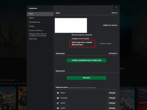 Ustawienia konta Xbox, opcja "Zmień moje konto w sklepie Microsoft Store" sugeruje możliwości związane z xbox game pass współdzielenie konta.