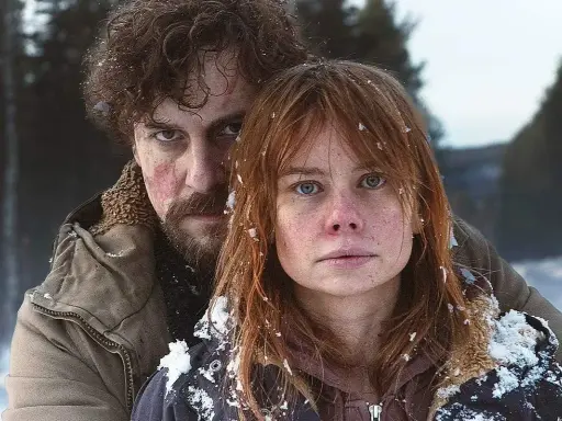 Två personer i snöig skog, en kvinna med rött hår och en man med mörkt lockigt hår. Scen från en svensk deckare serie.