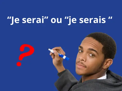 Un jeune homme réfléchit à la différence entre "je serai" et "je serais", un point d'interrogation rouge à côté.
