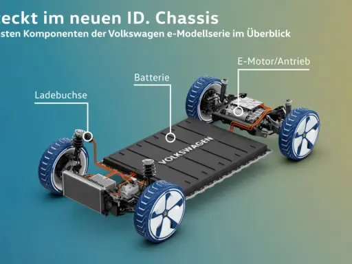 Übersicht der Bauteile eines Motors: Batterie, Ladebuchse und E-Motor/Antrieb im neuen ID. Chassis von Volkswagen.