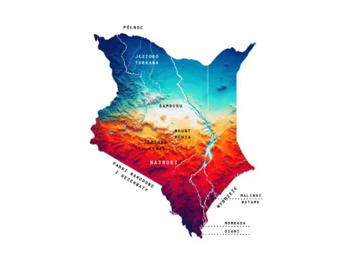 Mapa Kenii z zaznaczonymi jeziorami, górami i miastami. Pokazuje, gdzie leży Kenia, od Jeziora Turkana na północy po wybrzeże z Mombasą na południu.