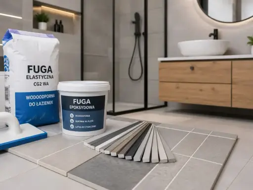 Wybierasz jaka fuga do łazienki? Na zdjęciu produkty: fuga elastyczna i epoksydowa, próbki kolorów i akcesoria do układania płytek.