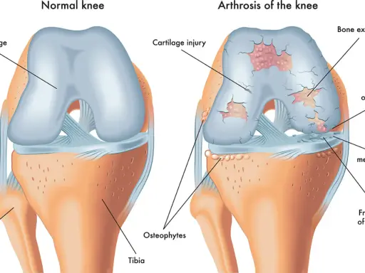 Vergleich eines gesunden Knies mit Arthrose. Arthrose zeigt Knorpelschäden, Knochenexposition und Osteophyten, was zu steifen Gelenken führt.