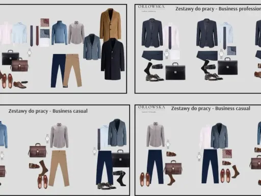 Kolekcje ubrań w stylu business casual: marynarki, koszule, spodnie, buty, torby i akcesoria.