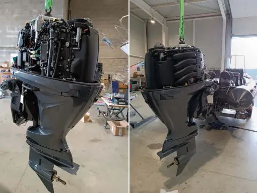 Moteur de bateau suspendu pour révision. Le bloc moteur complexe est visible, prêt pour une maintenance approfondie.