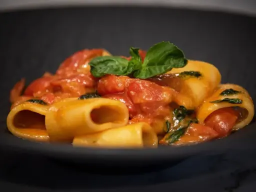 Paccheri alla Vittorio, un piatto di pasta succulenta con pomodoro fresco e basilico, servito in una ciotola scura.