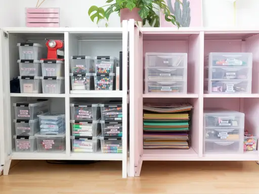 Ein aufgeräumter Bastelschrank mit vielen beschrifteten Boxen, die FIMO, Marker und Bastelmaterialien enthalten. Alles ist perfekt organisiert.
