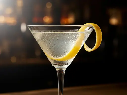 En iskallad dry martini med citronskal. Perfekt för en klassisk dry martini-recept.