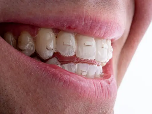 Uśmiech z niewidocznymi nakładkami Invisalign Comprehensive, które delikatnie korygują zgryz.