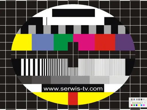 Test kolorów monitora: klasyczny obrazek testowy z kolorowymi pasami, czarno-białymi paskami i tekstem www.serwis-tv.com.