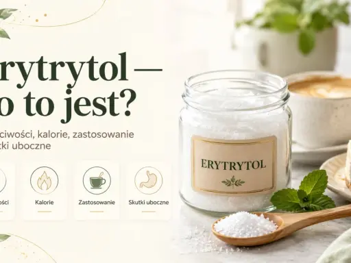 Słoik erytrytolu, łyżka z kryształkami, kawa i sernik z owocami.