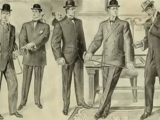 Five men in vintage cocktail attire, showcasing suits, hats, and accessories.