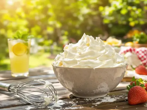 Crème chantilly aérienne et généreuse dans un bol, prête pour un dessert d'été. Une boisson fraîche et des fraises complètent ce tableau gourmand.